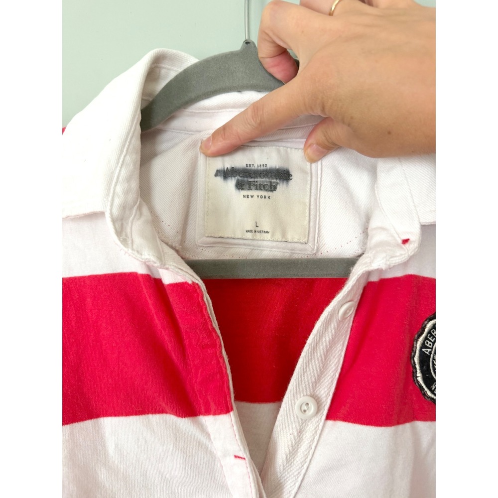 Y2K Abercrombie & Fitch Striped Rugby Polo Shirt Red White Crest Patch Large - Picture 3 of 5